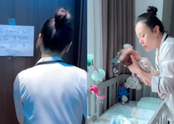 Phương Oanh khoe cảnh nghiện con, nhưng sự chú ý lại là  tờ giấy dán trước phòng và ”công tác” trước khi bế bé